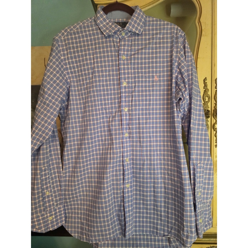 Polo Ralph Lauren Men's L Plaid Button Down Shirt Blue Pink 100% Cotton Stretch